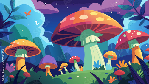 Colorful whimsical mushrooms glowing under a starry night sky in a vibrant forest glade