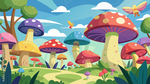 A whimsical forest filled with colorful mushrooms and fairies in a bright, sunny landscape