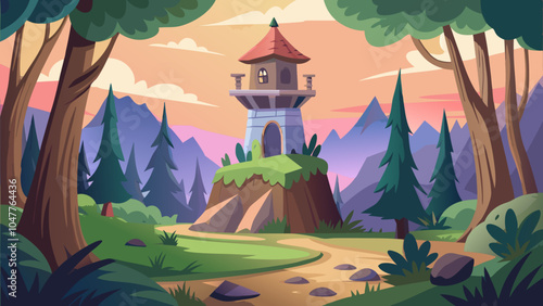 A whimsical tower stands atop a hill surrounded by lush forests during sunset in a serene landscape