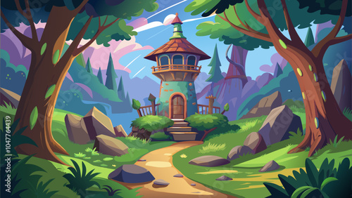 A whimsical tower nestled among vibrant trees and rocky terrain in a serene forest during daylight hours