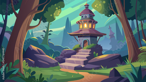 A whimsical forest scene featuring a charming tower nestled among lush greenery and rocky paths at twilight