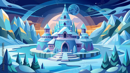 A majestic ice palace stands surrounded by towering mountains and a serene lake under a starry night sky during winter