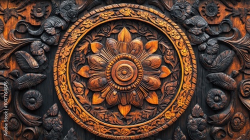 An intricate wooden panel featuring traditional designs enhanced by rich staining, celebrating cultural heritage in woodworking