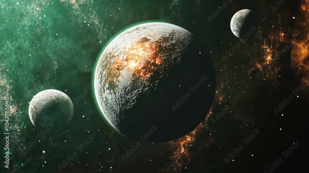 A large planet with an orange glow appears in the middle of the image. It's surrounded by two smaller planets, one to the left and one to the right A large planet with an orange glow appears in the middle of the image. It's surrounded by two smaller planets, one to the left and one to the right