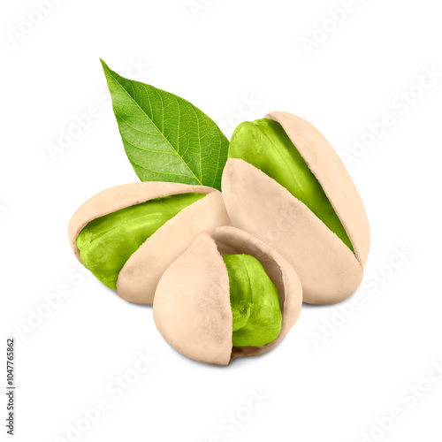 Wallpaper Mural Unshelled pistachios and green leaf on white background. Tasty nut Torontodigital.ca