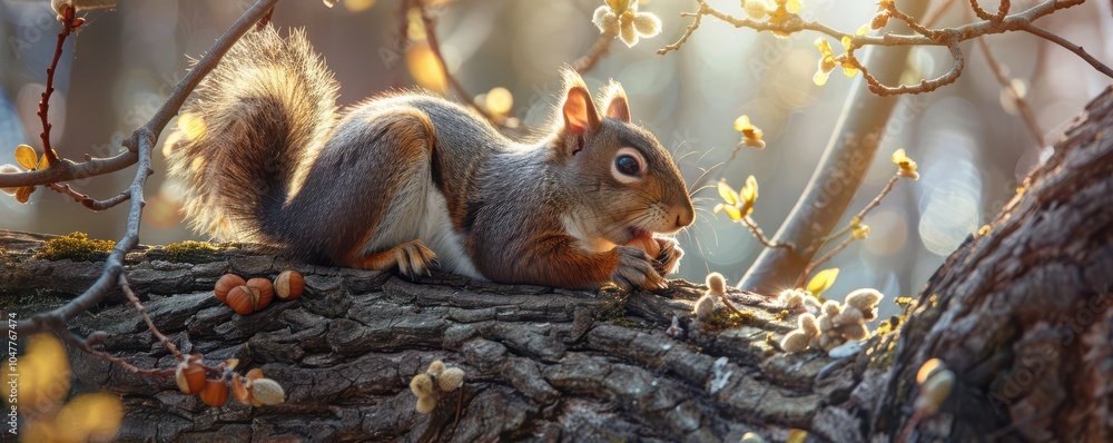Naklejka premium Squirrel sitting on a branch eating a nut, surrounded by spring blossoms and soft sunlight. Free copy space for banner.