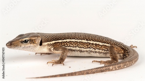 Common Worm Lizard seen burrowing into ground its legless body blending into the white background highlighted by bright lighting that emphasizes its features. photo