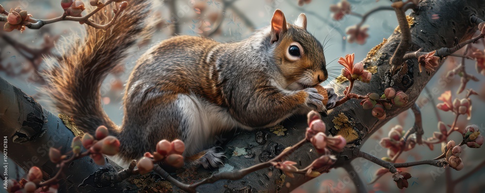 Fototapeta premium Squirrel sitting on a branch eating a nut, surrounded by spring blossoms and soft sunlight. Free copy space for banner.