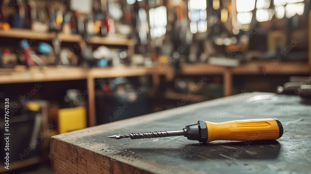 Fototapeta premium A screwdriver placed on a table within a workshop setting, showcasing empty space for decoration.