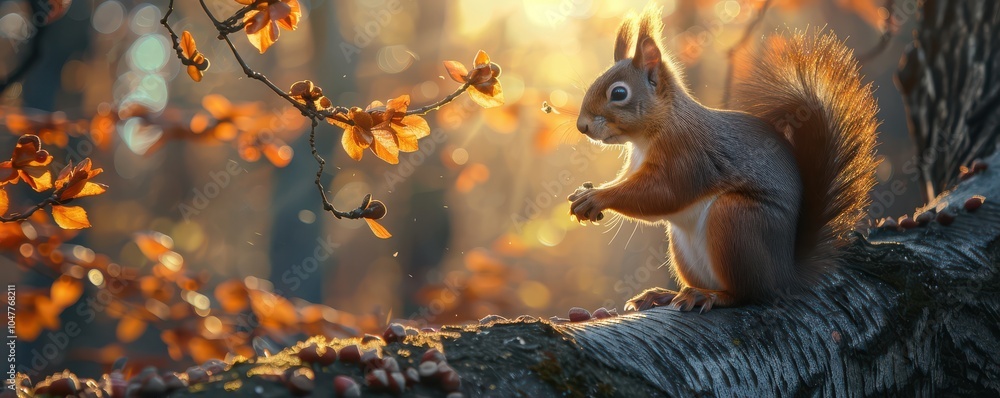 Squirrel sitting on a branch eating a nut, surrounded by spring blossoms and soft sunlight. Free copy space for banner. Squirrel sitting on a branch eating a nut, surrounded by spring blossoms and soft sunlight. Free copy space for banner.