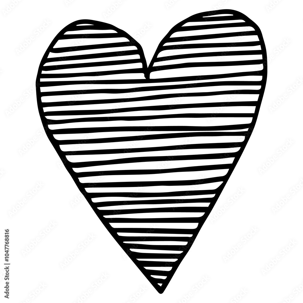 A minimalist geometric heart doodle icon. Black contour, horizontal hand-drawn lines. Valentine's, love, romantic, anniversary, wedding A minimalist geometric heart doodle icon. Black contour, horizontal hand-drawn lines. Valentine's, love, romantic, anniversary, wedding