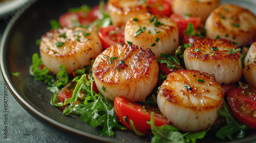 Deliciously seared scallops served on bed of fresh arugula and ripe tomatoes create vibrant and appetizing dish. combination of flavors and textures is sure to delight