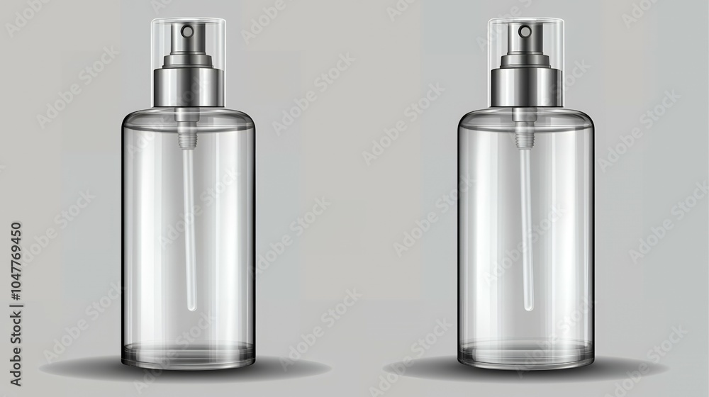 Two clear glass bottles with silver spray tops. Two clear glass bottles with silver spray tops.