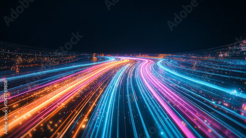 Abstract Digital Network with Colorful Light Trails