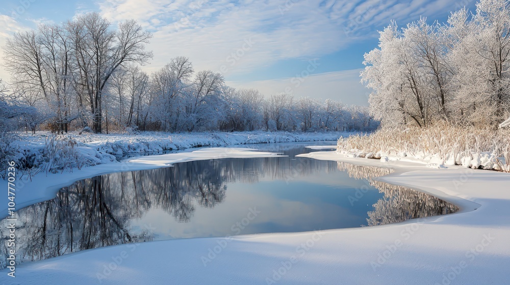 A serene winter landscape blanketed in snow. A serene winter landscape blanketed in snow.