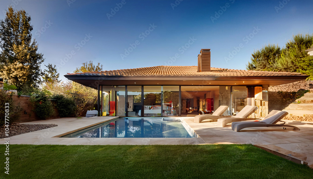 Fototapeta premium A modern villa with a swimming pool and a large lawn. The villa is made of stone and has a tiled roof