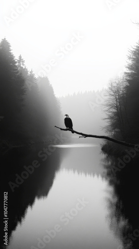 majestic bald eagle perched on branch above serene river, surrounded by misty trees, creates tranquil and captivating scene