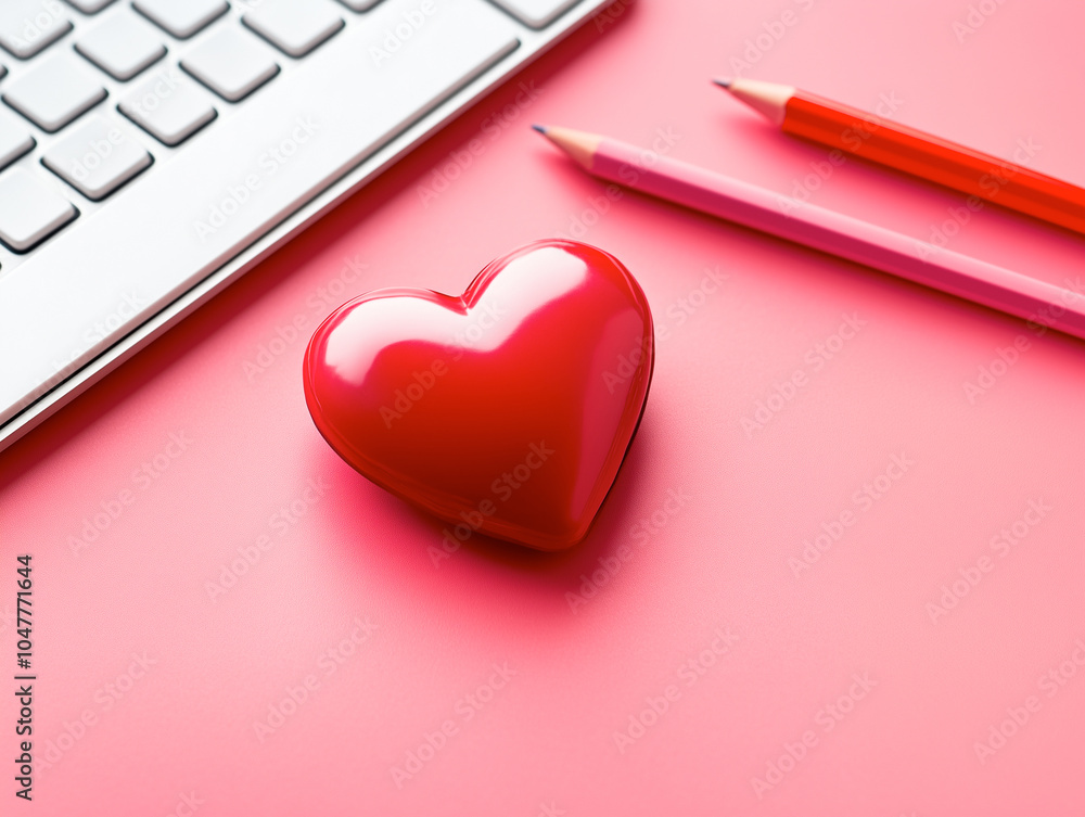 Creative Workspace with Laptop, Red Pencils, and Heart on Vibrant Pink Background for Graphic Designers and Art Enthusiasts Creative Workspace with Laptop, Red Pencils, and Heart on Vibrant Pink Background for Graphic Designers and Art Enthusiasts