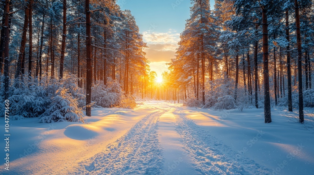 A serene winter landscape with snow-covered trees and a sunset illuminating the scene. A serene winter landscape with snow-covered trees and a sunset illuminating the scene.