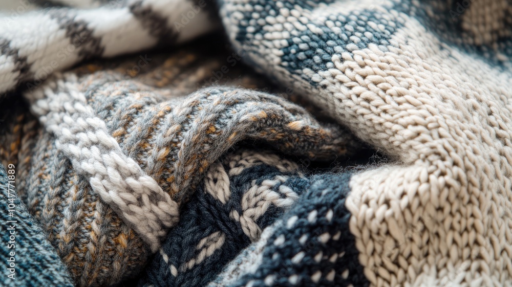 Close-up of colorful knitted fabrics with various patterns and textures Close-up of colorful knitted fabrics with various patterns and textures