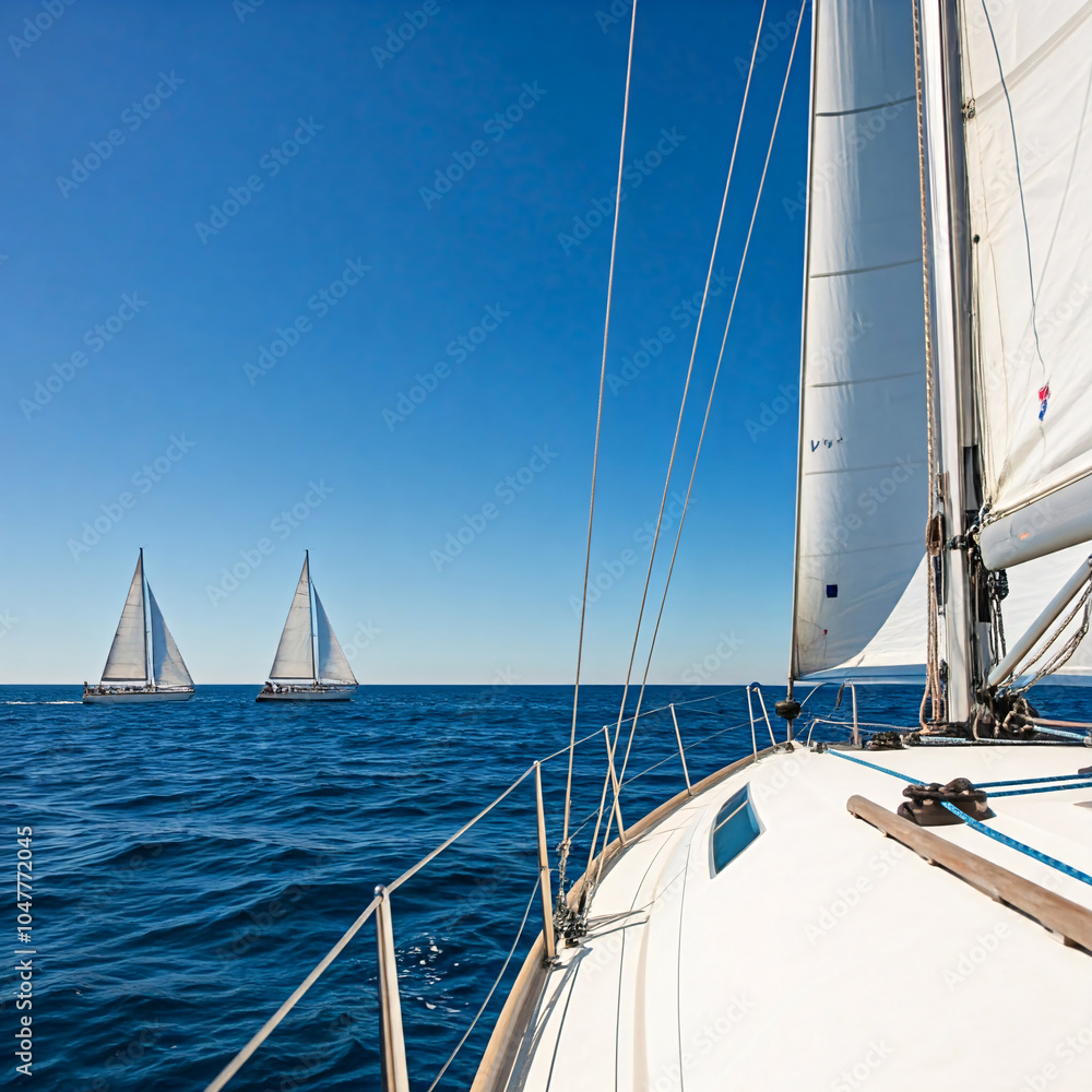 Fototapeta premium A sailboat sails across the ocean on a sunny day, with two other sailboats visible in the distance