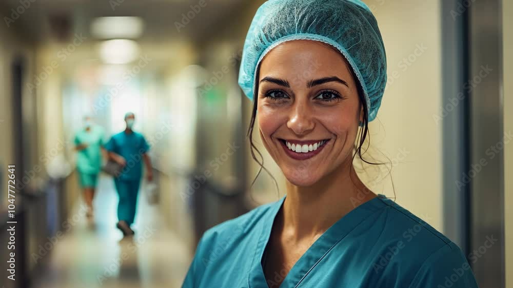 A female nurse smiles in a hospital hallway, wearing a surgical cap A female nurse smiles in a hospital hallway, wearing a surgical cap