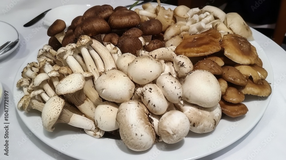 Assorted Fresh Mushrooms on a White Plate Assorted Fresh Mushrooms on a White Plate
