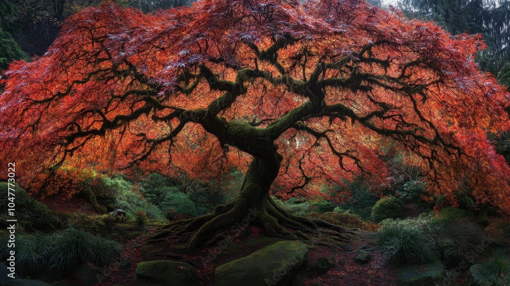 Naklejka premium Vibrant Red Maple Tree in Autumn Foliage