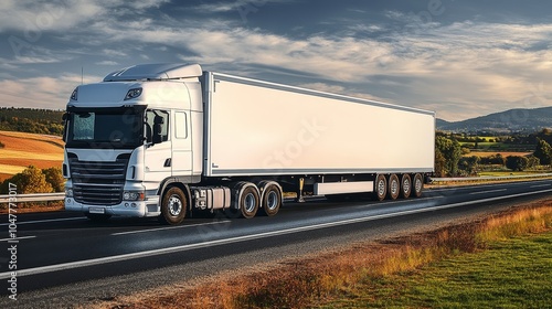 Modern White Delivery Truck Transports Goods on Scenic Highway Under Cloudy Sky During Sunset