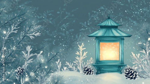Enchanted Winter Landscape with Vintage Lantern and Snowy Pines