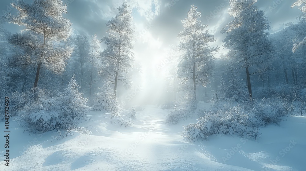 A serene winter landscape with snow-covered trees and soft light breaking through clouds. A serene winter landscape with snow-covered trees and soft light breaking through clouds.