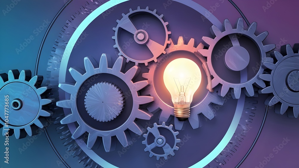 Light bulb with gears in motion within a circle, blue to purple gradient background Light bulb with gears in motion within a circle, blue to purple gradient background