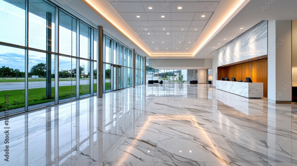 Fototapeta premium Sleek and Sophisticated Corporate Lobby with Expansive Glass Walls and Minimalist Design