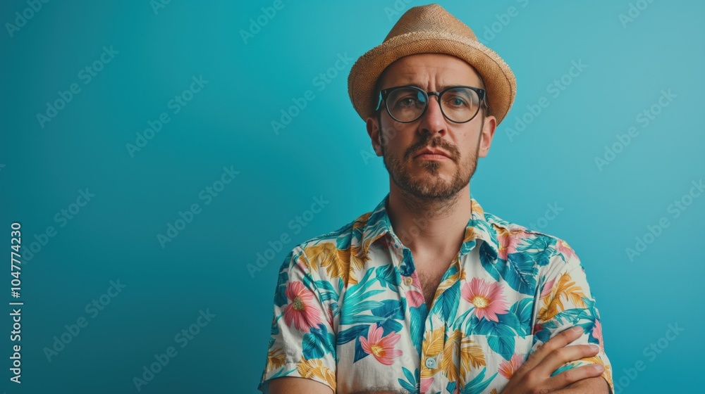 Casual Portrait of a Man in Floral Shirt and Hat Casual Portrait of a Man in Floral Shirt and Hat