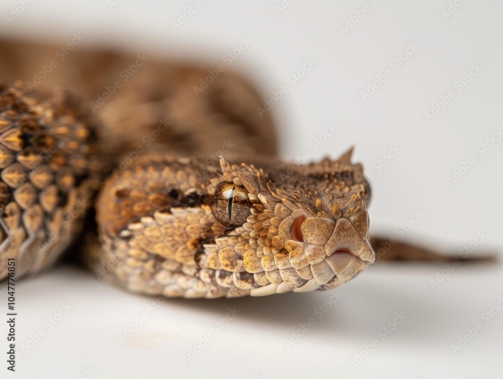Eastern Hognose Snake known for its distinctive upturned snout lies flat against a clean white background. The macro perspective highlights its unique texture and coloration. Eastern Hognose Snake known for its distinctive upturned snout lies flat against a clean white background. The macro perspective highlights its unique texture and coloration.