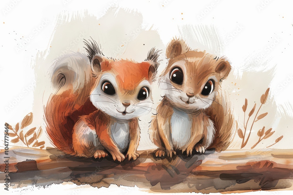 Adorable cartoon-style illustration of two baby squirrels sitting together on a log, smiling.