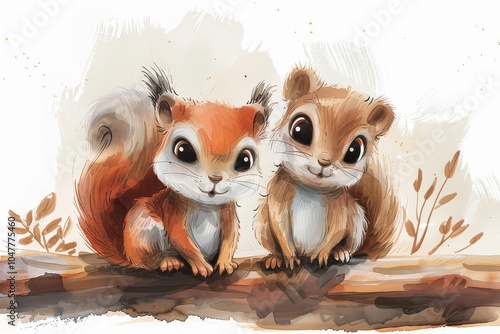 Obraz na płótnie Adorable cartoon-style illustration of two baby squirrels sitting together on a log, smiling. w salonie