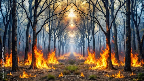 Symmetrical dry forest vegetation and duff with wildfire burning