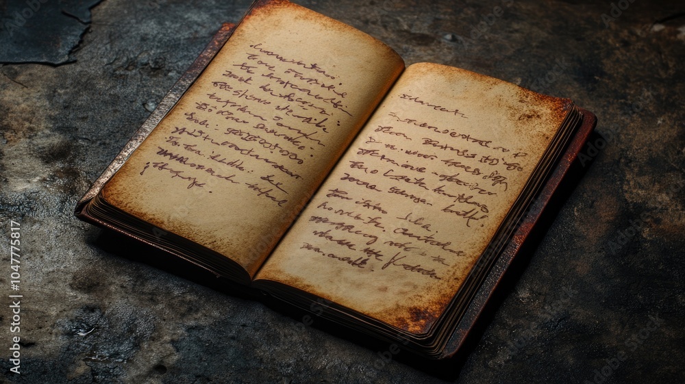 Obraz premium Antique handwritten journal with aged, worn pages on rustic surface