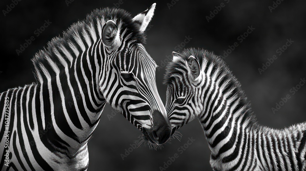 Naklejka premium A tender moment between a young zebra and its mother, highlighting their close bond.
