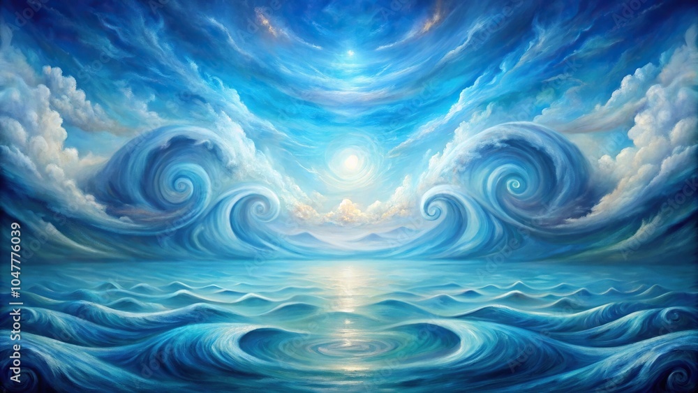 Symmetrical dynamic abstract oil painting of atmospheric swirls and oceanic harmony in blue tones Symmetrical dynamic abstract oil painting of atmospheric swirls and oceanic harmony in blue tones