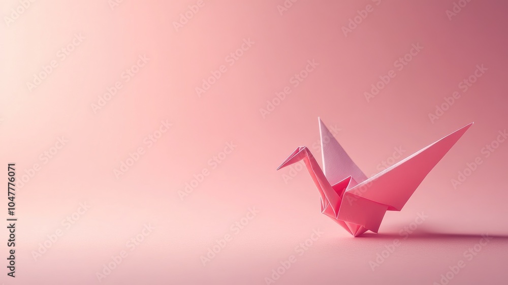 Fototapeta premium Pink origami crane on soft pink background, showcasing delicate craftsmanship
