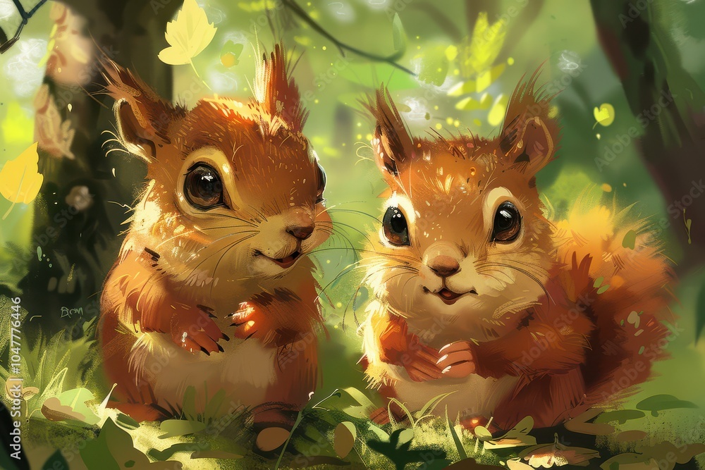 Adorable cartoon-style illustration of two baby squirrels sitting together on a log, smiling.