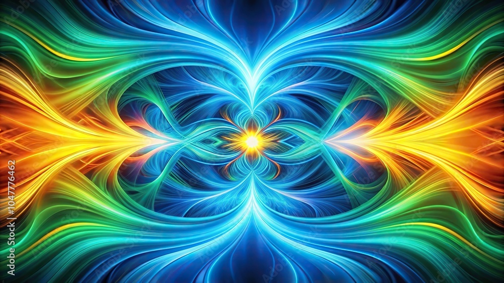 Symmetrical dynamic energy flow abstract design in blue and green with yellow and red accents Symmetrical dynamic energy flow abstract design in blue and green with yellow and red accents