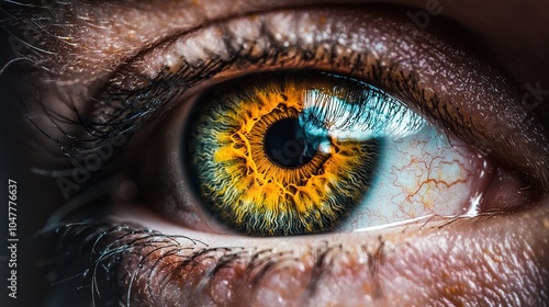 A close-up of a mesmerizing eye featuring vibrant orange and blue hues, showcasing intricate patterns and textures.
