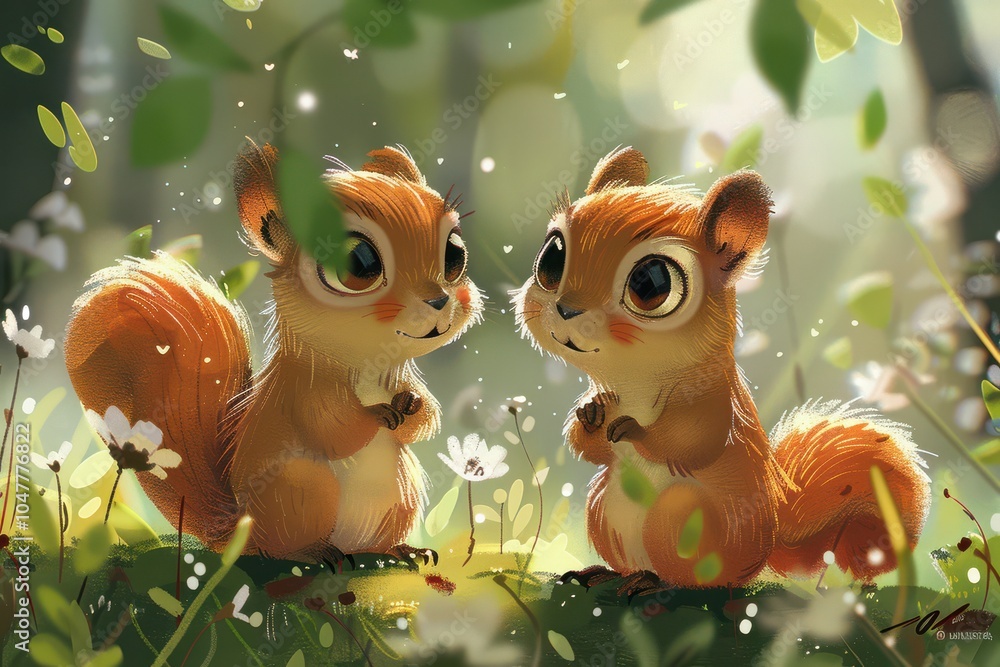 Adorable cartoon-style illustration of two baby squirrels sitting together on a log, smiling.