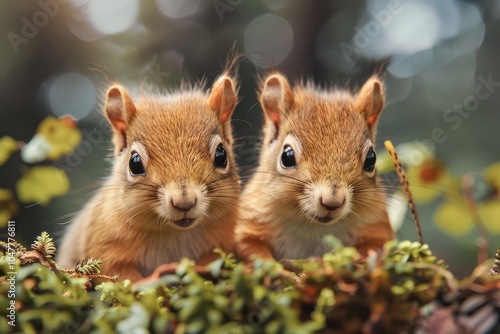 Obraz na płótnie Adorable cartoon-style illustration of two baby squirrels sitting together on a log, smiling. w salonie