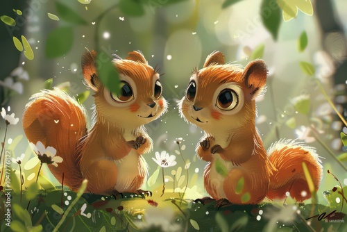 Obraz na płótnie Adorable cartoon-style illustration of two baby squirrels sitting together on a log, smiling. w salonie