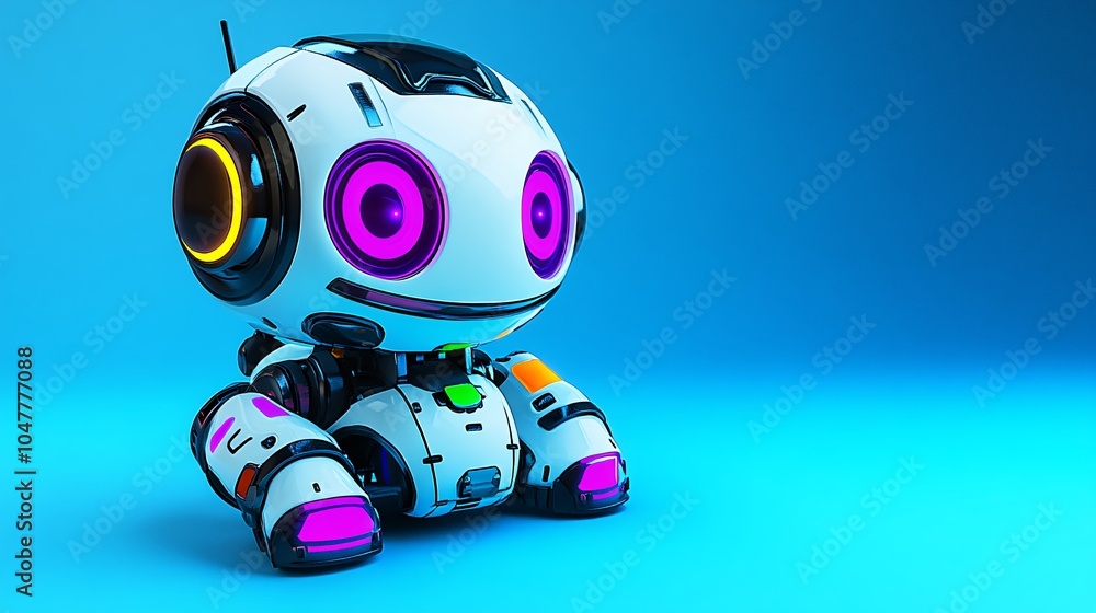 Naklejka premium Friendly Robot Character with Glowing Eyes on Blue Background