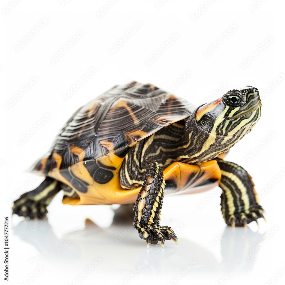 European Pond Turtle with striking dark shell is showcased against a pristine white background creating a vivid contrast that highlights its unique features and patterns. European Pond Turtle with striking dark shell is showcased against a pristine white background creating a vivid contrast that highlights its unique features and patterns.
